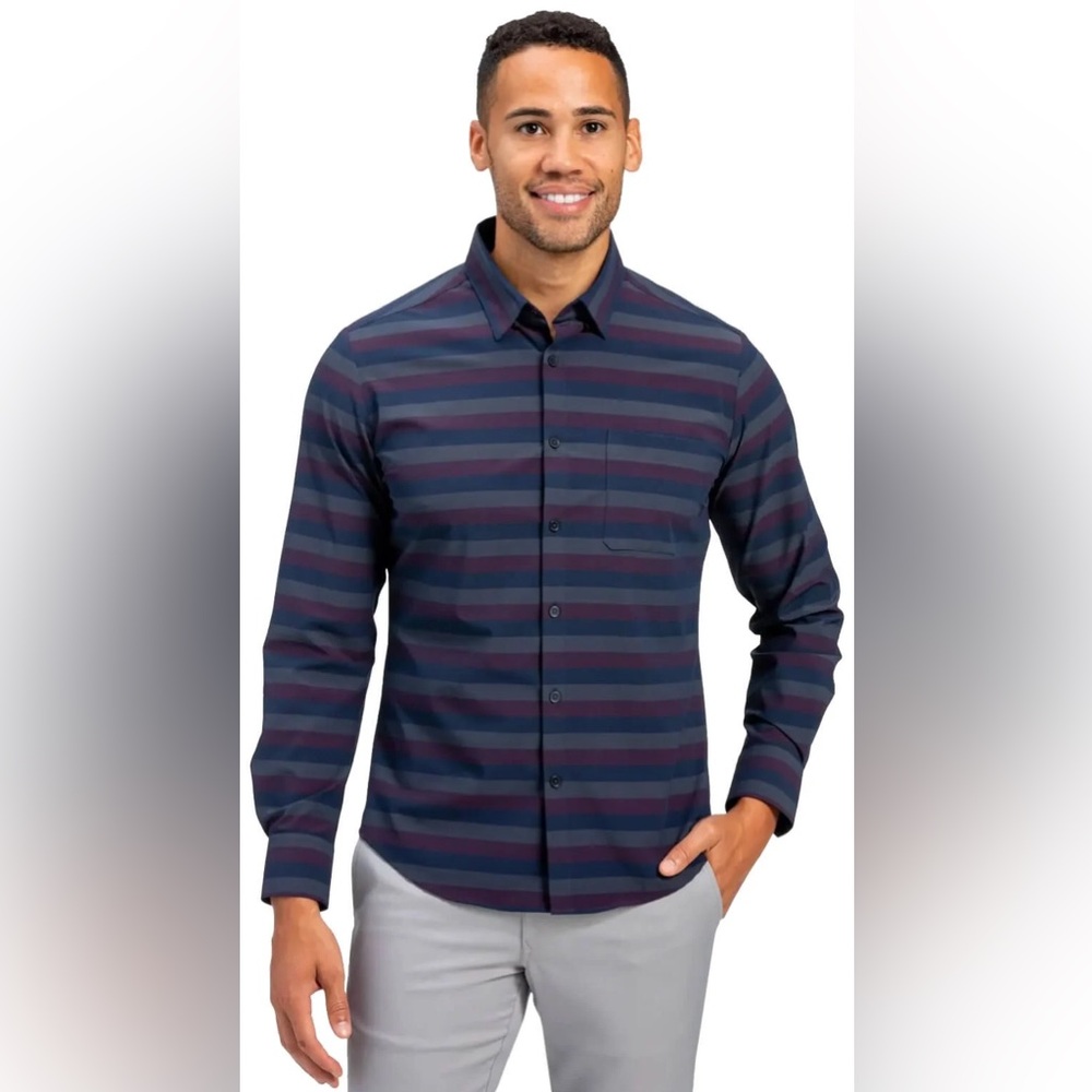 Mizzen + Main Leeward Trim No Tuck Long Sleeve Navy Burgundy Stripe Size L EUC